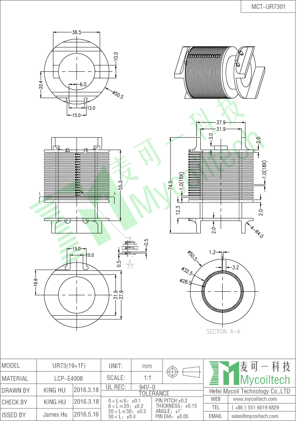 UR73 transformer bobbin with slots